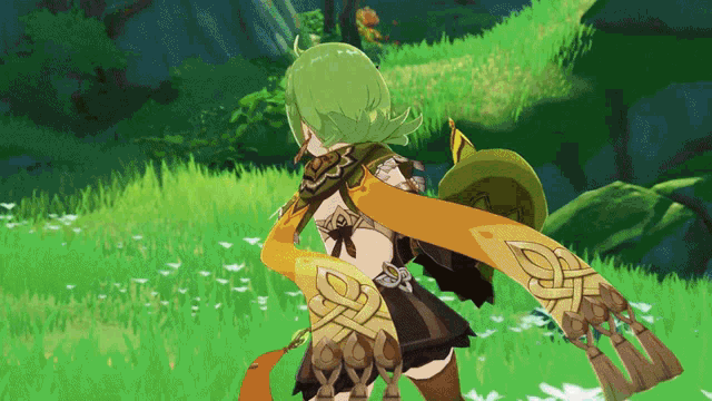 a girl with green hair is standing in a field of grass