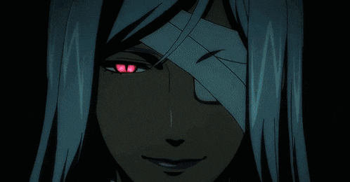 a close up of a person 's face with a red eye and a burning eye