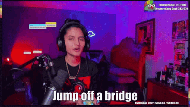 a woman wearing headphones is holding a bunch of money in front of a microphone and says jump off a bridge