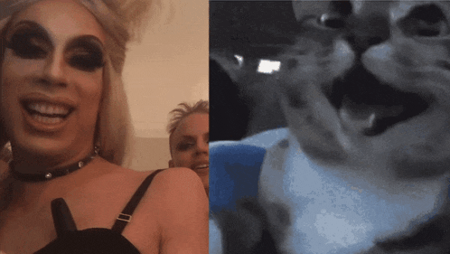 a drag queen is smiling next to a black and white photo of a man 's face