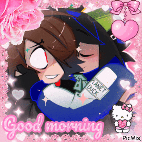 a picture of a girl hugging another girl with the words good morning written on the bottom