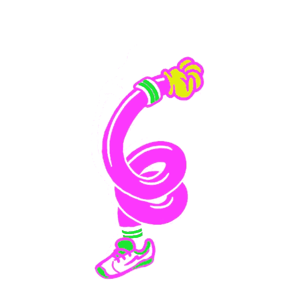 a cartoon drawing of a person wearing a pair of sneakers and a pink hose .