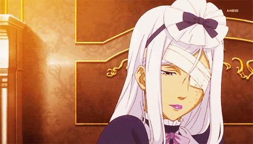 a woman with white hair and a bandage on her eye has mbs written on the bottom