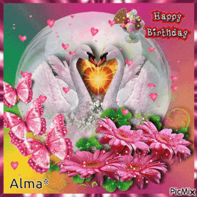 a happy birthday card with two swans surrounded by pink butterflies and flowers