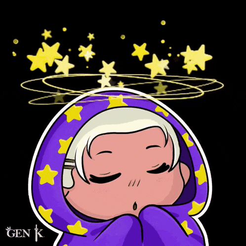 a cartoon drawing of a girl wrapped in a purple blanket with stars around her head