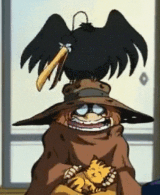 a cartoon character with a bird on his head and a cat in his arms