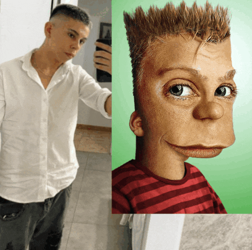 a man in a white shirt takes a selfie next to a picture of a cartoon character