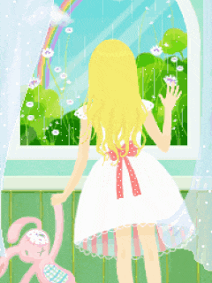 a girl in a white dress is looking out a window at a rainbow and flowers