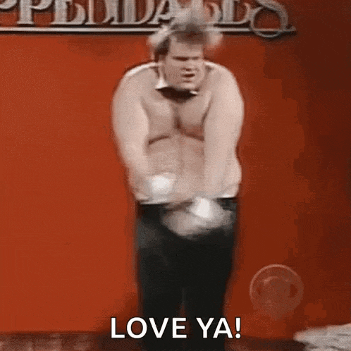 a shirtless man in a bow tie is dancing in front of a red wall with the words love ya .