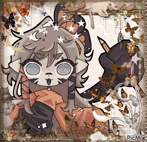 a picture of a cartoon character with butterflies and flowers says picmix at the bottom
