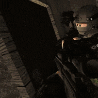 a man in a helmet is holding a rifle with the letter o on it