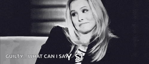 a woman is sitting on a couch in a black and white photo with the words `` guilty ... what can i say ? ''