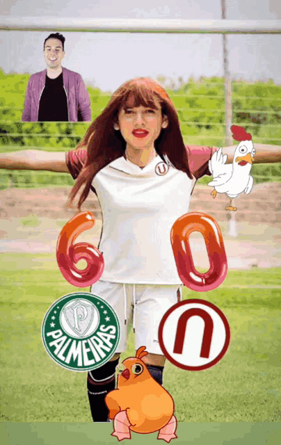 a woman in a soccer uniform is surrounded by logos for palmeiras and u.