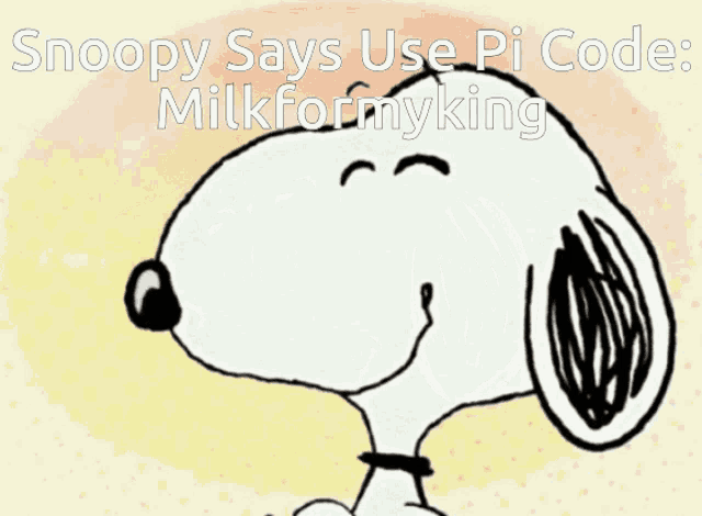 snoopy says use pi code milkformyking on a yellow background