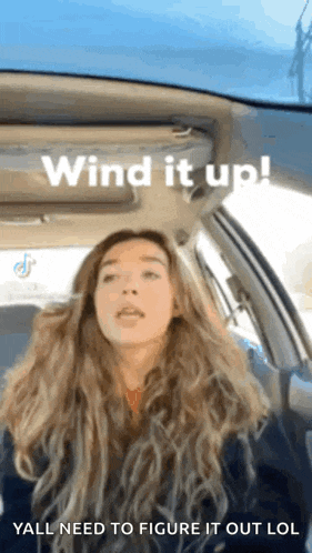 a woman is sitting in a car with the words wind it up