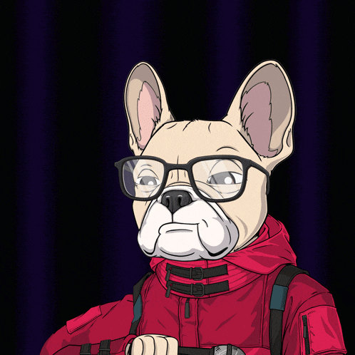 a cartoon drawing of a dog wearing glasses and a red jacket