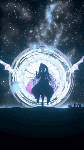 a silhouette of a girl standing in front of a clock with ss.flya written below it