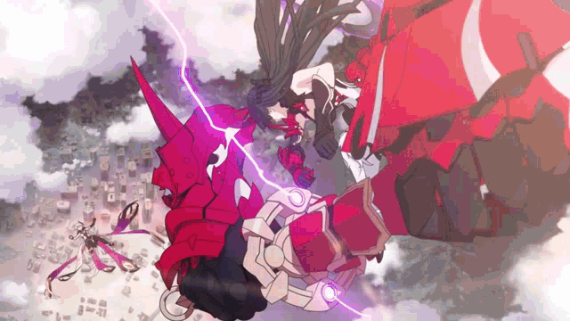 a purple lightning bolt strikes a red robot and a girl