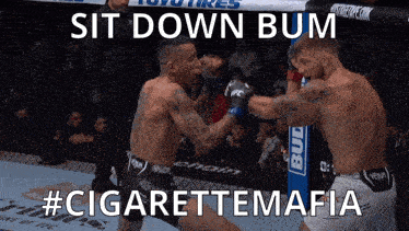 two men fighting in a boxing ring with the caption " sit down bum "