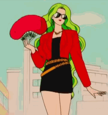 a cartoon woman with green hair and sunglasses is holding a fan .