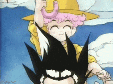 a girl with pink hair is holding an umbrella over a man 's head .