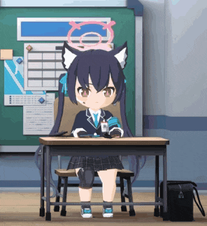 a girl with a cat ear sits at a desk in front of a blackboard