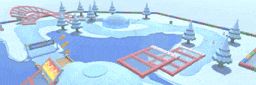 a computer generated image of a snowy landscape with trees and a candy cane
