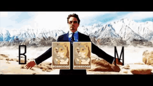 a man in a suit and tie is standing in front of a mountain holding a doge coin that says " bossdoge "