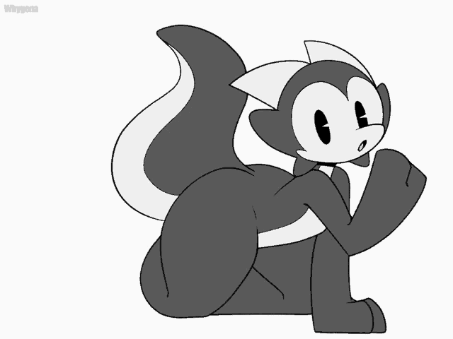 a black and white drawing of a skunk with the name whygena above it