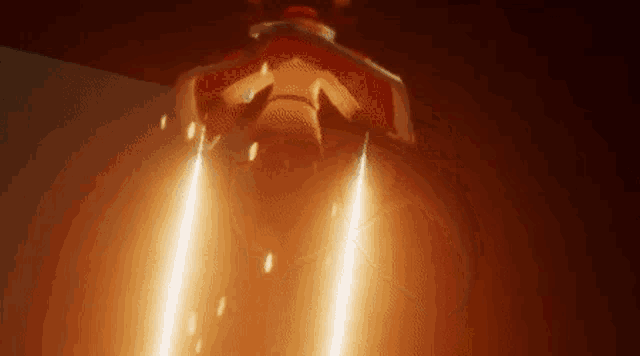 a robot is flying through the air in a dark room with a lot of lights coming out of it .