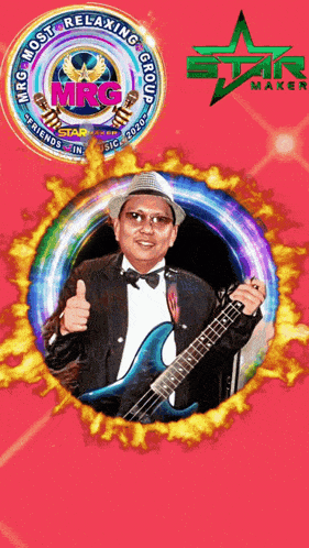 a man is holding a guitar in front of a logo that says mrg
