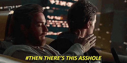 two men are sitting next to each other and one of them says " then there 's this asshole "