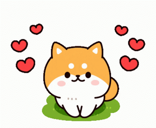 a cartoon shiba inu dog surrounded by hearts on a white background