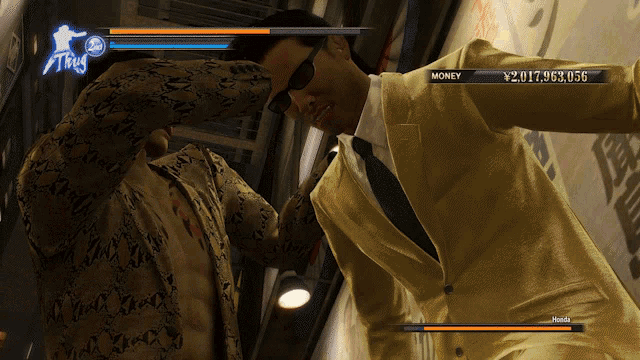 a man in a suit and tie is fighting another man in a video game with money displayed on the screen