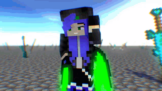 a girl with purple hair and green wings is standing in a desert