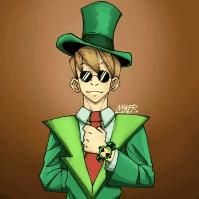 a man wearing a green top hat and sunglasses is holding a watch .