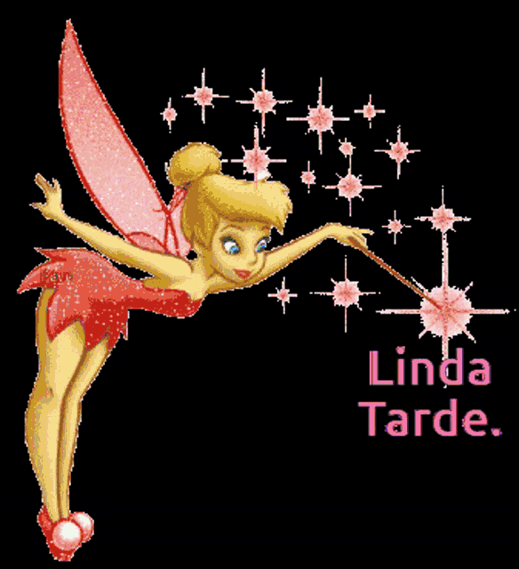 a fairy with purple wings is holding a wand and the words linda tarde are below her