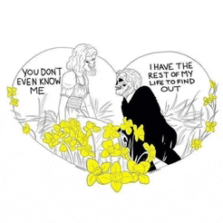 a black and white drawing of a man and a woman standing next to each other in a field of flowers .