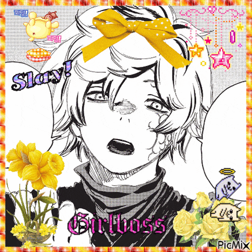 a black and white drawing of a girl with a yellow bow and the words stay girlboss