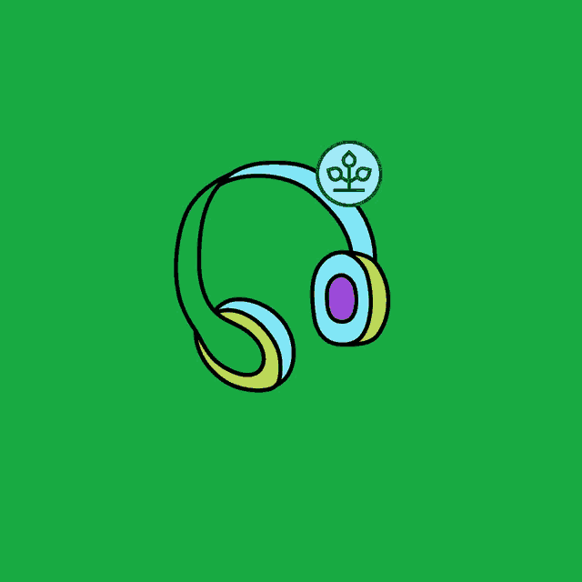 a drawing of a pair of headphones on a green background with an icon of a plant