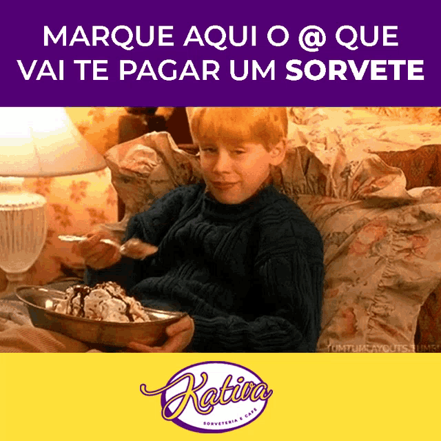 a picture of a boy eating ice cream with the words marque aqui o @ que vai te pagar um sorvete above him