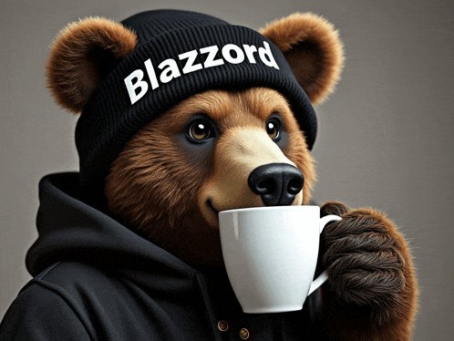 a bear wearing a black beanie that says blazord