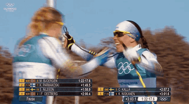 two female athletes shake hands at the olympics