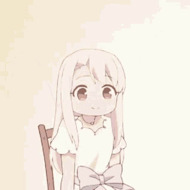 a girl with white hair is sitting in a chair with her arms outstretched and smiling