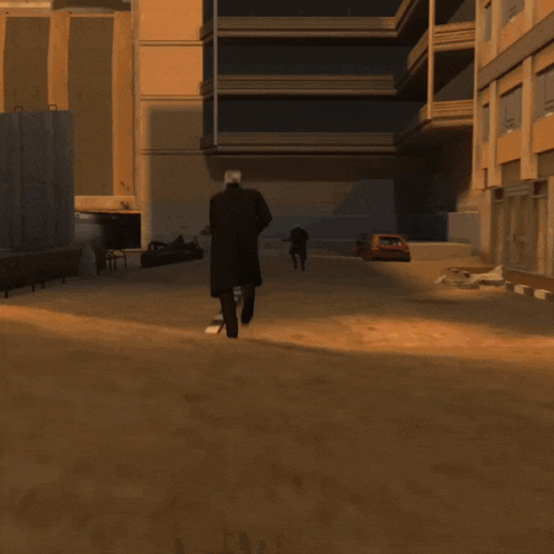 a man in a trench coat is walking in front of a building on fire