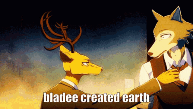 a deer and a wolf are standing next to each other with the words " bladee created earth " above them