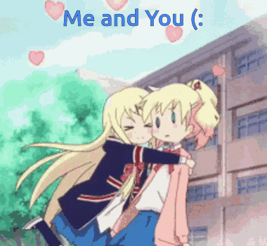 two anime girls hugging each other with the words me and you behind them