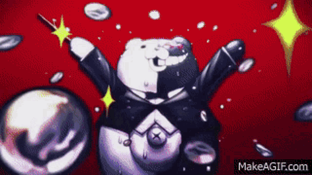 a cartoon of a black and white bear holding a magic wand and a ball with makeagif.com written on the bottom