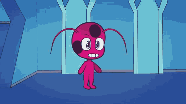 a pink cartoon character is standing in a room with blue walls