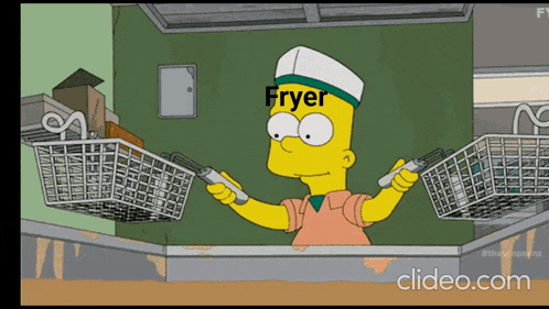 bart simpson is holding two baskets with the word fryer written on it